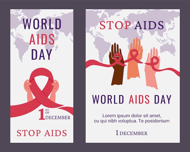World Aids day Set of posters Awareness of AIDS People of different colour nationality holding red ribbon as symbol of unity help for one another Support for hiv infected people Vector illustrationx9