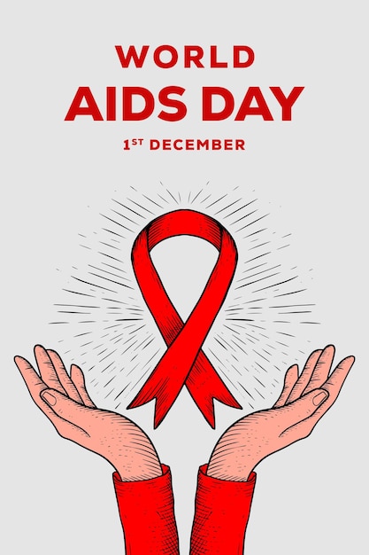 Illustrazione di banner verticale della giornata mondiale contro l'aids con le mani e il nastro rosso