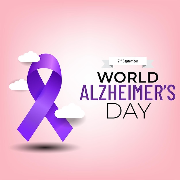 明るい背景に紫色のリボンで世界アルツハイマー病の日のバナー。