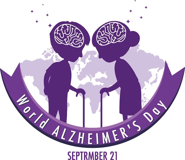 Logo o striscione della giornata mondiale dell'alzheimer con l'illustrazione della silhouette del cervello e delle persone anziane