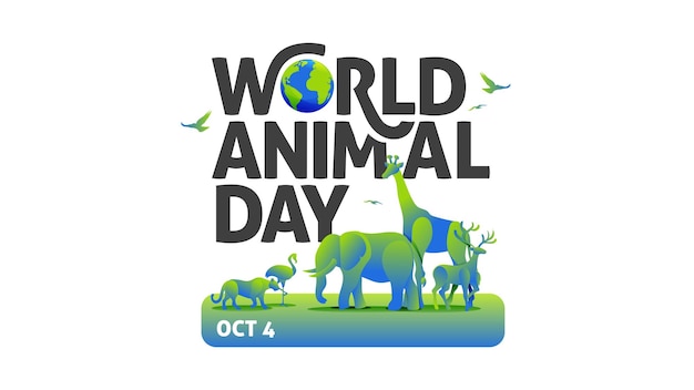 Vettore banner della giornata mondiale degli animali logo tipografia con varie illustrazioni colorate di silhouette di animali