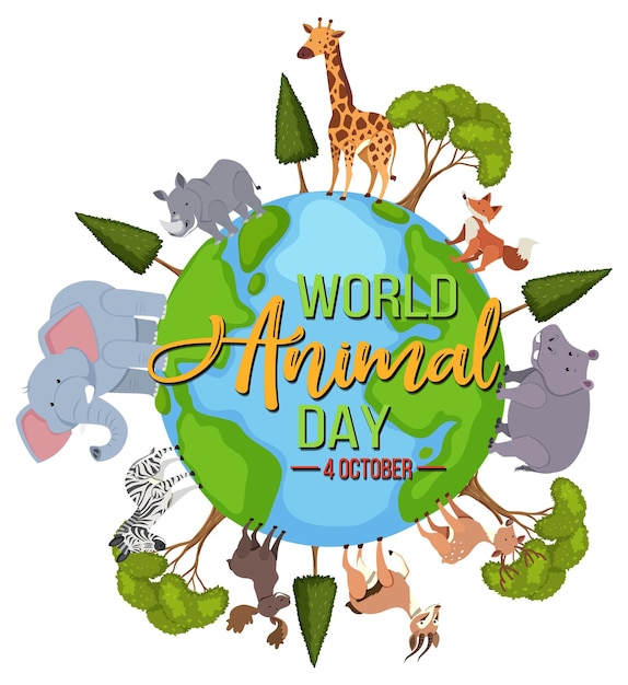 Vector world animal day banner with wild animals standing on earth