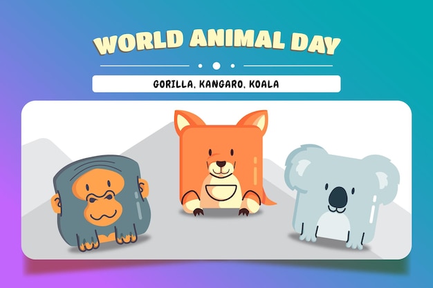 세계 동물의 날 사각형 동물 만화 그림 세트 고릴라 캥거루와 코알라