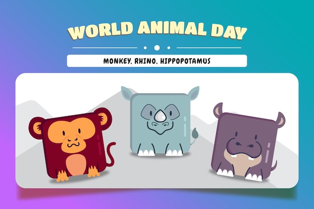 Vettore insieme dell'illustrazione del fumetto animale quadrato della giornata mondiale degli animali scimmia rinoceronte e ippopotamo