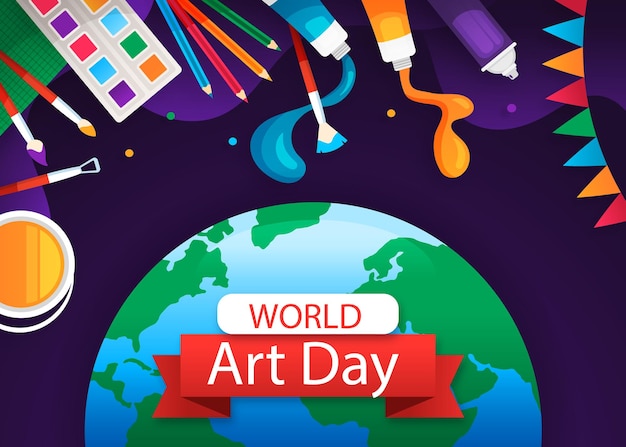 world art day flat lay background with art tools and globe