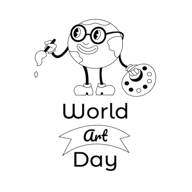 World Art Day poster in y2k-stijl met planeetpalet en penseel Cartoon zwart-wit vectorillustratie