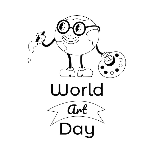 Плакат Всемирного дня искусства в стиле 2000 года с планетной палитрой и кистью Мультфильм черно-белая векторная иллюстрация