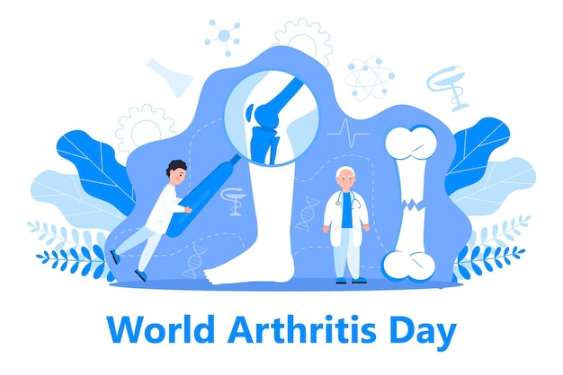 10月の世界関節炎の日小さな医者は青い背景にリウマチ変形性関節症ヘルスケアフラットコンセプトベクトルを扱います
