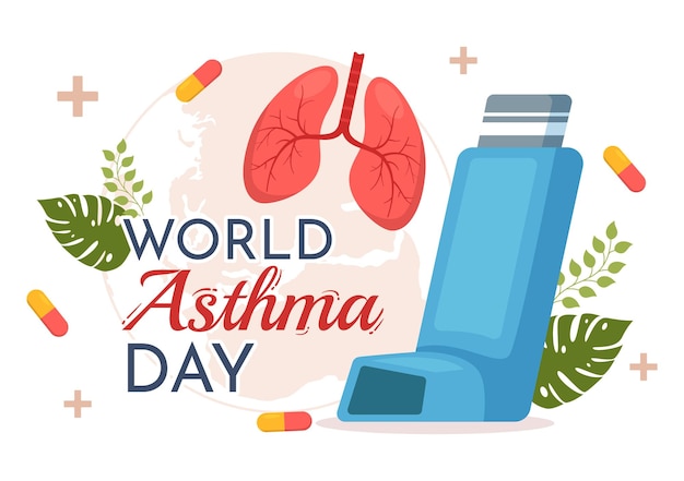 Иллюстрация всемирного дня астмы с ингалятором и легкими для профилактики здоровья в шаблонах, нарисованных вручную