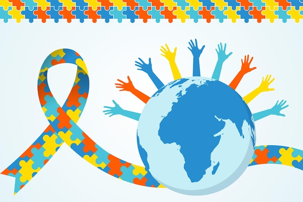 World autism awareness day illustration with colorful globe ribbon and puzzles