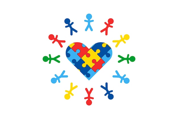 World Autism Awareness Day vector banner Puzzle heart and people around color silhouettes people