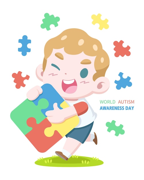 World autism awareness day with boy hugging jigsaw puzzle cartoon illustration