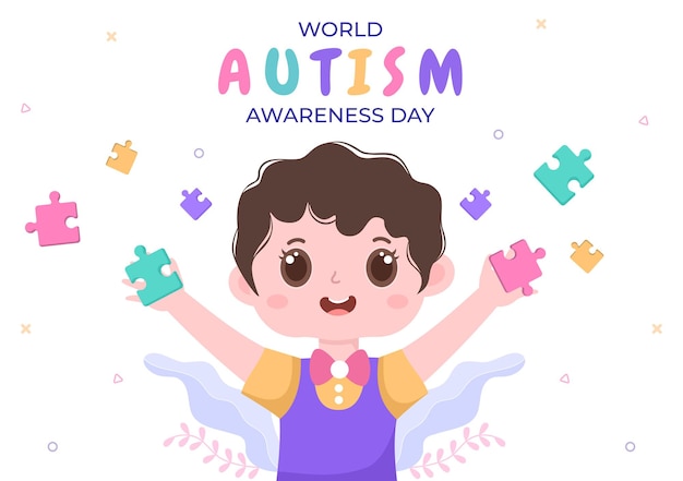 World Autism Awareness Day with Cute Character Kids and Hand of Puzzle Pieces Suitable for Greeting Card, Poster or Banner in Flat Design Illustration