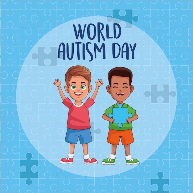 World autism day boys with puzzle pieces vector illustration design