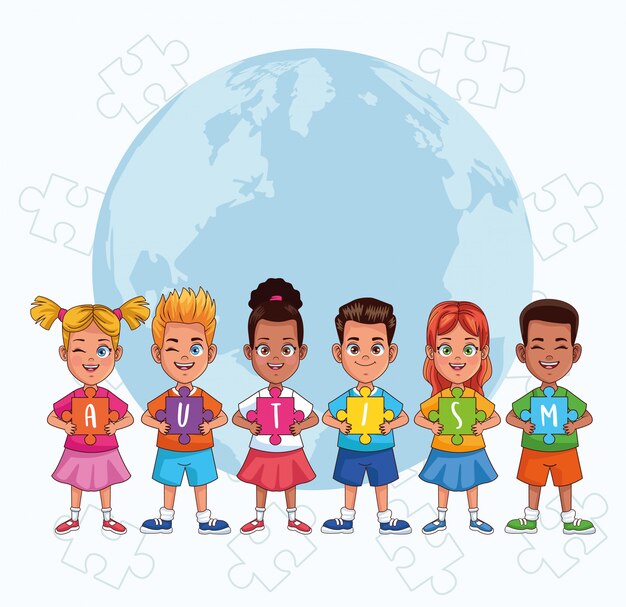 Вектор Всемирный день аутизма дети с планеты мира и головоломки дизайн векторная иллюстрация