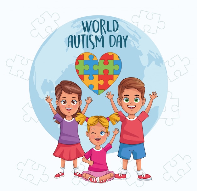 I bambini del giorno di autismo mondiale con l'illustrazione di vettore di puzzle del pianeta e del cuore del mondo progettano