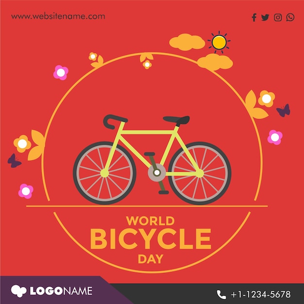 World bicycle day concept flower and cloud background social media post template