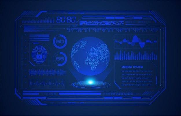 Vettore mondo scheda di circuito binario tecnologia futura blu hud concetto di sicurezza informatica sfondo