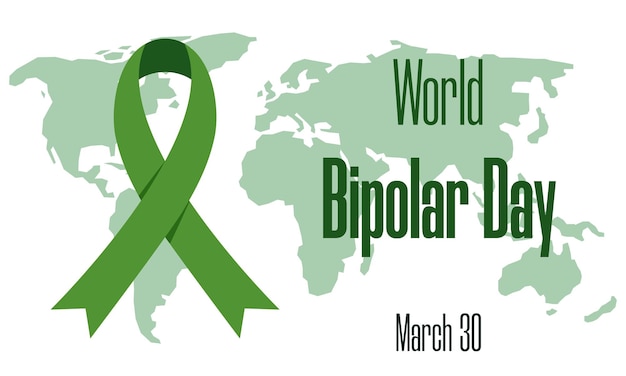 World bipolar day on march 30 concept vector illustration of world map with green awareness ribbon and text for social poster banner card flyer