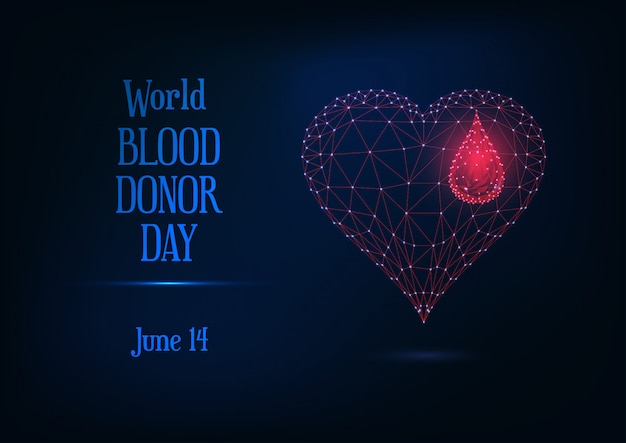 World blood donor day banner with glowing low poly blood drop and heart symbol and text