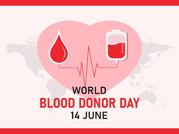 World blood donor day poster with heart bit and blood bag