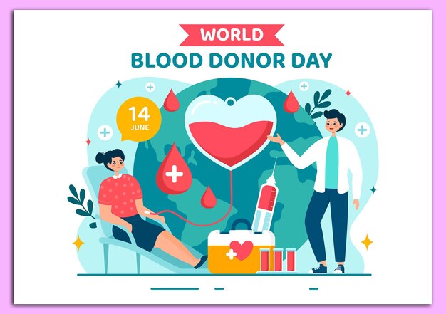 Векторная иллюстрация Всемирного дня донора крови 14 июня с человеческой донорской кровью для "Дайте получателю, чтобы спасти жизнь" на плоском фоне мультфильма