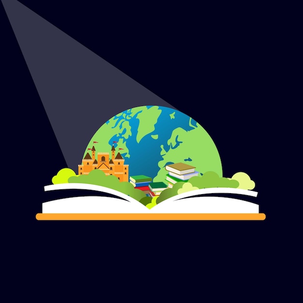 Вектор Всемирный день книги 23 апреля стопка красочных книг с открытой книгой на бирюзовом фоне вектор образования