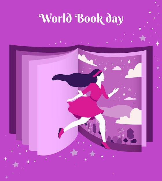 Вектор Всемирный день книги девушка внутри фантастической книги между страницами плоская векторная иллюстрация