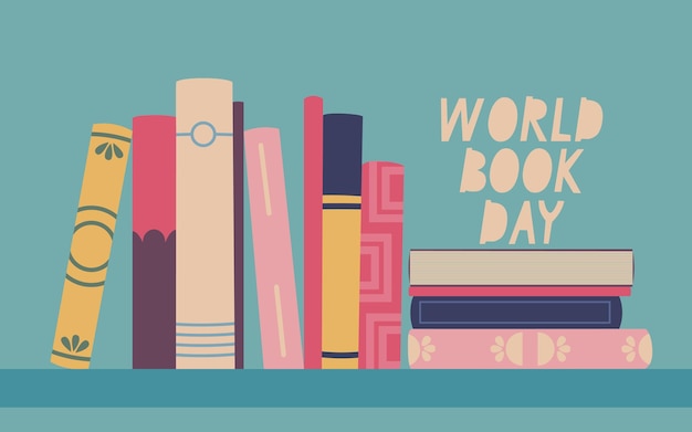 World book day Book spines Bookshelf with various books Vector isolated illustration for design