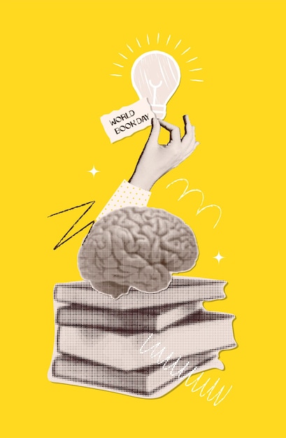 Vector world book day concept nostalgic collage with halftone style book stack brain and hand holding bulb