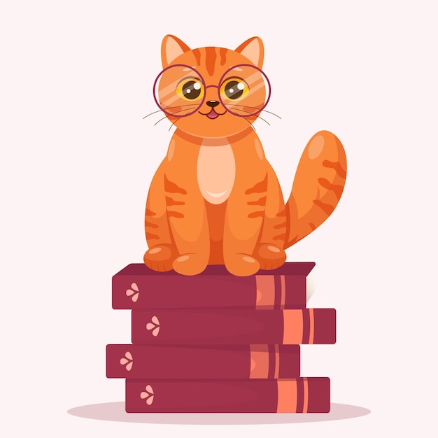 Всемирный день книги милая кошка с очками сидит на книгах домашнее животное мультфильм рисует вектор