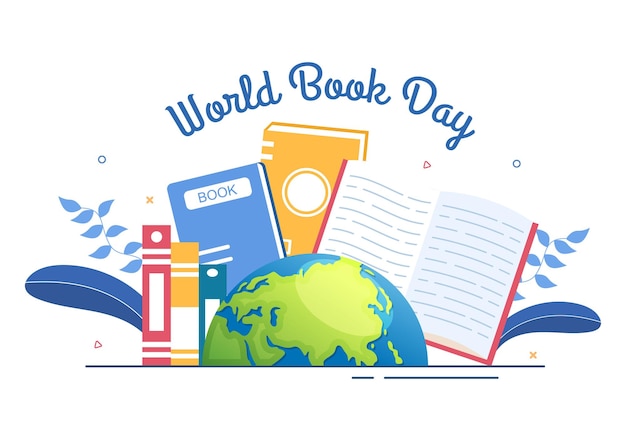 世界図書の日フラット漫画の背景イラスト読書への本のスタックは、壁紙やポスターに適した洞察力と知識を向上させます