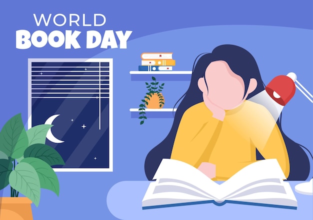 세계 책의 날 플랫 만화 배경 그림 책 읽기에 대한 스택은 벽지 또는 포스터에 적합한 통찰력과 지식을 증가시킵니다.
