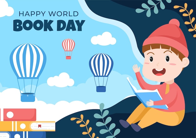 World book day flat cartoon background illustration with children  stack of books to reading increase insight and knowledge suitable for wallpaper or poster