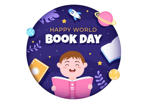 Illustrazione di sfondo del fumetto piatto per la giornata mondiale del libro con bambini pila di libri da leggere aumenta la comprensione e la conoscenza adatta per carta da parati o poster