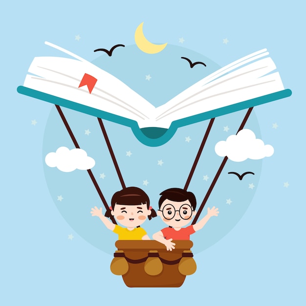 World Book Day, girl and boy on a hot air ballon book