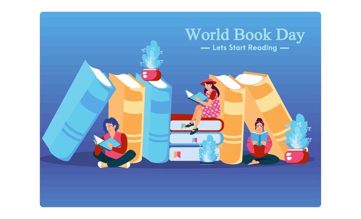 Всемирный день книги Группа людей читает книгу Концепция Всемирного дня книги Плоская векторная иллюстрация