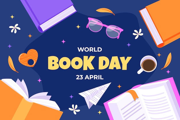 World book day illustration with books and objects related to reading