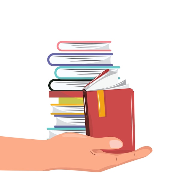 World book day Illustration with a hand holding a pile of books Education reading literature