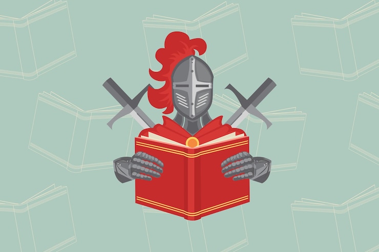 Vector world book day knight saint george with book with swords on the front banner
