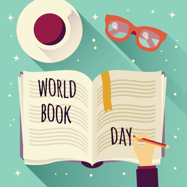 world book day, open book with a hand writing, coffee cup and glasses