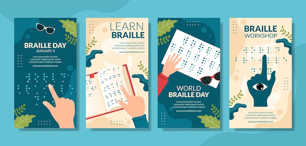 World braille day social media stories flat cartoon hand drawn templates illustration