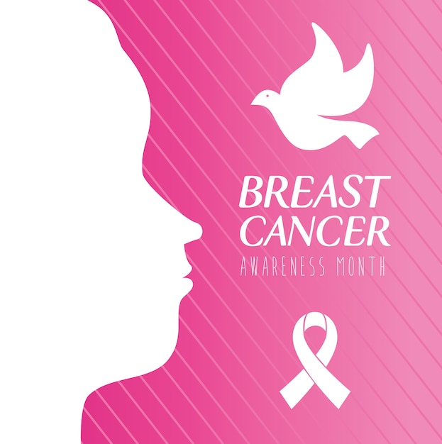 of world breast cancer awareness month with profile woman and dove flying