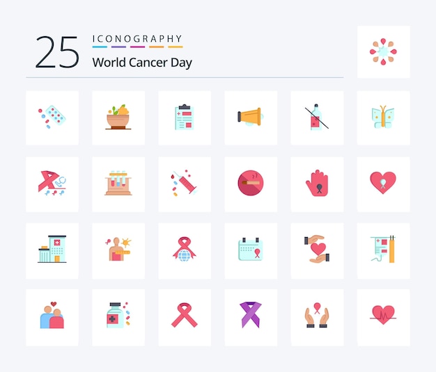 World Cancer Day 25 Flat Color icon pack including healthcare record medicine report cancer