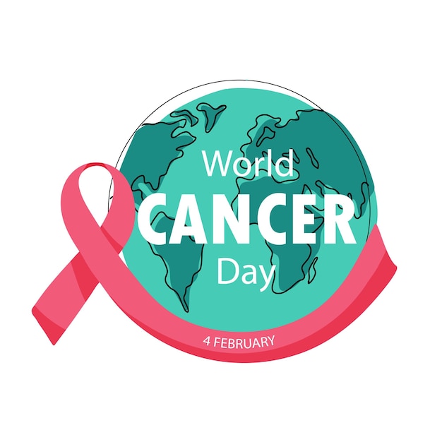 Всемирный день борьбы против рака 4 февраля. Нарисованный от руки плакат Всемирного дня борьбы против рака с лентой и планетой Земля