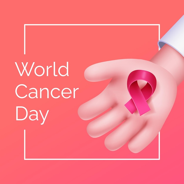 World cancer day hand with ribbon 3d vector illustration