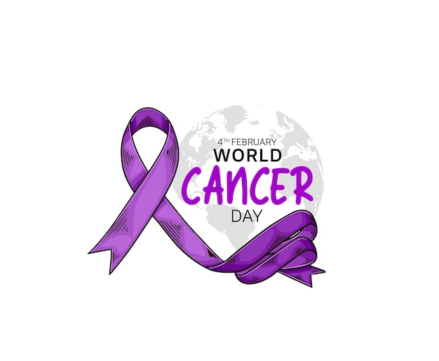 world cancer day illustration vector design with purple ribbon and world map for campaign