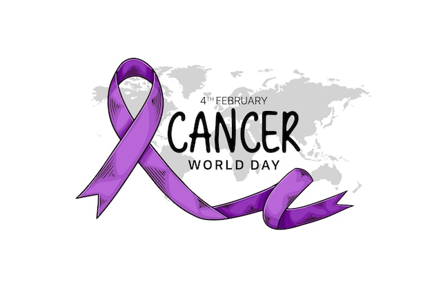 보라색 리본과 캠페인을 위한 세계 지도가 있는 세계 암의 날 그림 벡터 디자인