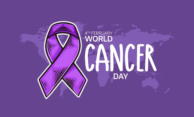 Векторный дизайн Всемирного дня борьбы с раком с фиолетовой лентой и картой мира для кампании