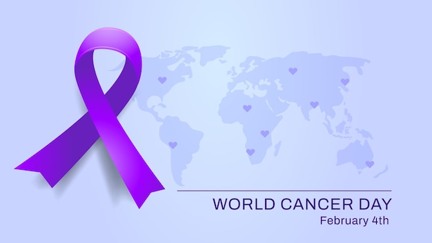 Vector world cancer day illustration with purple bow ribbon banner template